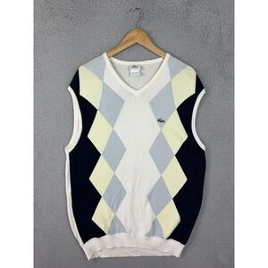 Lacoste Sport Sweater Vest Mens XL Multi Argyle Cotton Knit V Neck France VTG